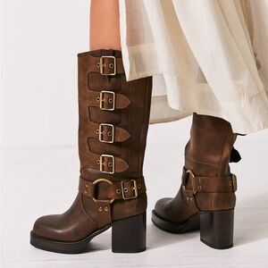 Jeffrey Campbell Buckle Up Baby Moto Boots in Brown Distressed